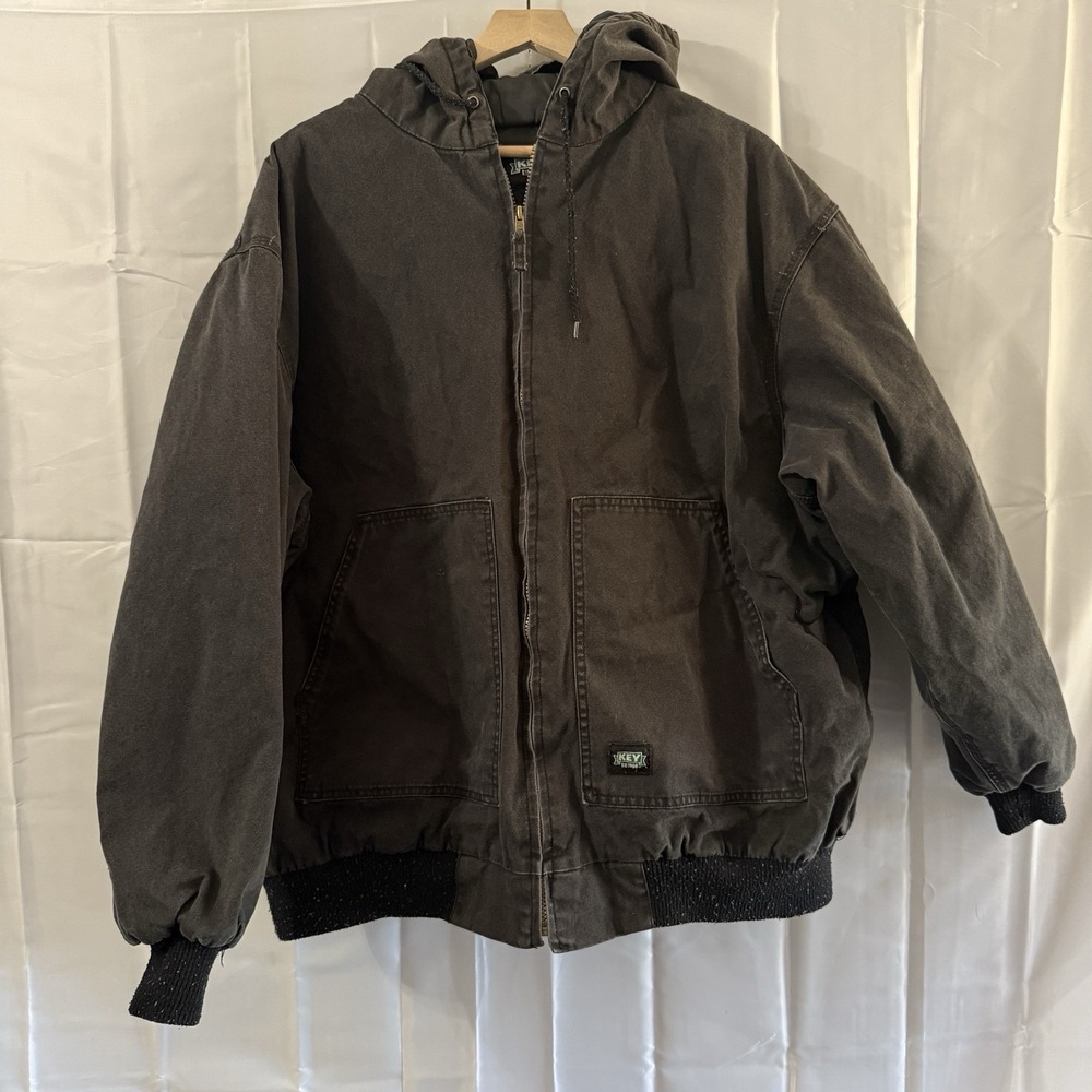 Key Mens 3XL Jacket‎ Hooded Workwear Zip Black Canvas Quilt Lined Thrashed Coat